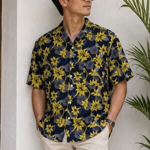 Canyon River Blues Button-Up Shirt Men's Size XL Black Yellow Floral Hawaiian